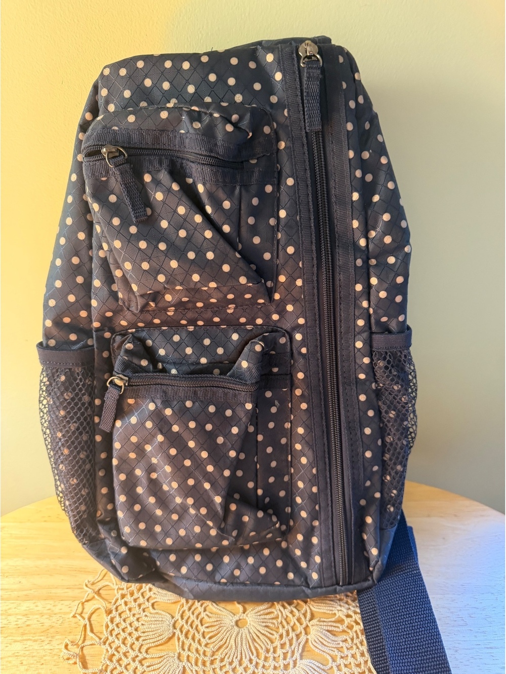 Thirty-One Navy Blue Polka Dot Sling Backpack